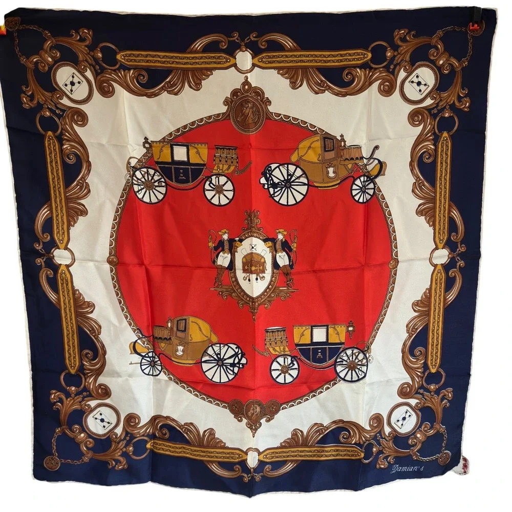 Damian's Silk Scarf Red‎ Navy Blue Equestrian Carriage Made in Italy 31